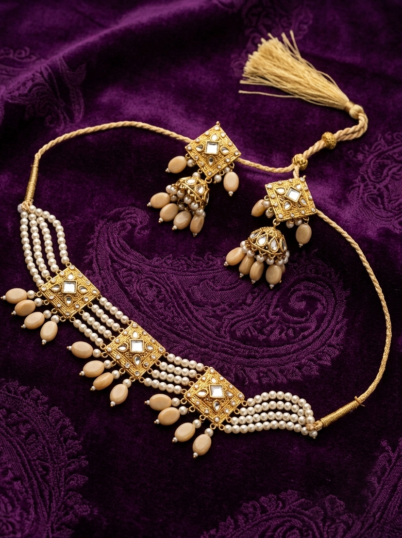 Kundan Pearl Bridal Jewellery Set – Necklace & Matching Earrings