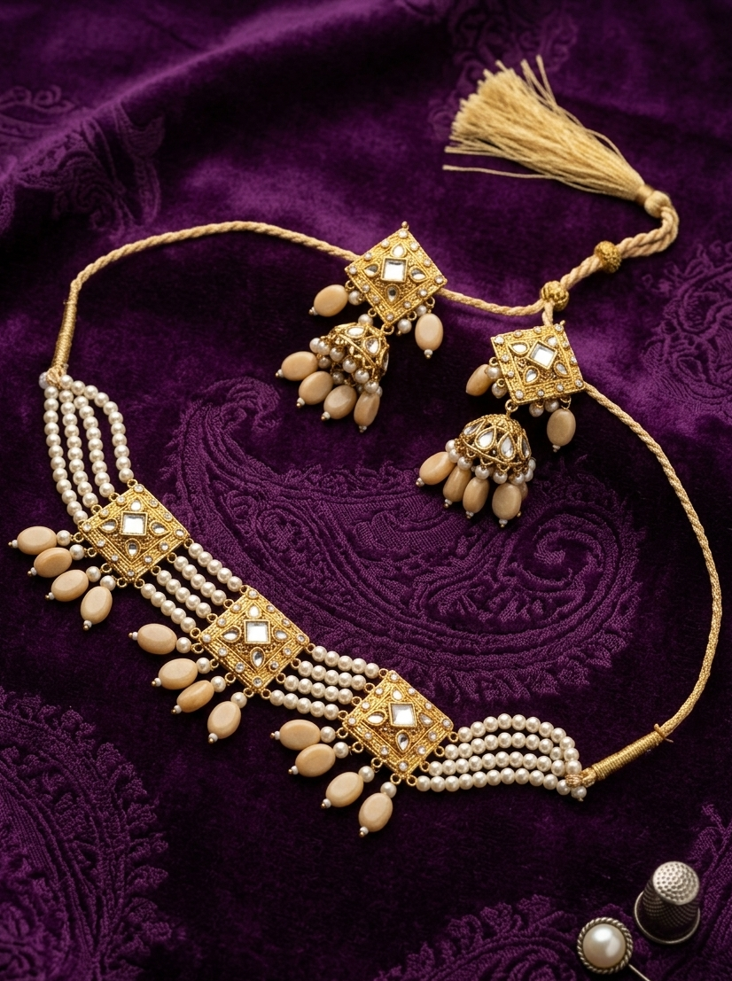 Kundan Pearl Bridal Jewellery Set – Necklace & Matching Earrings