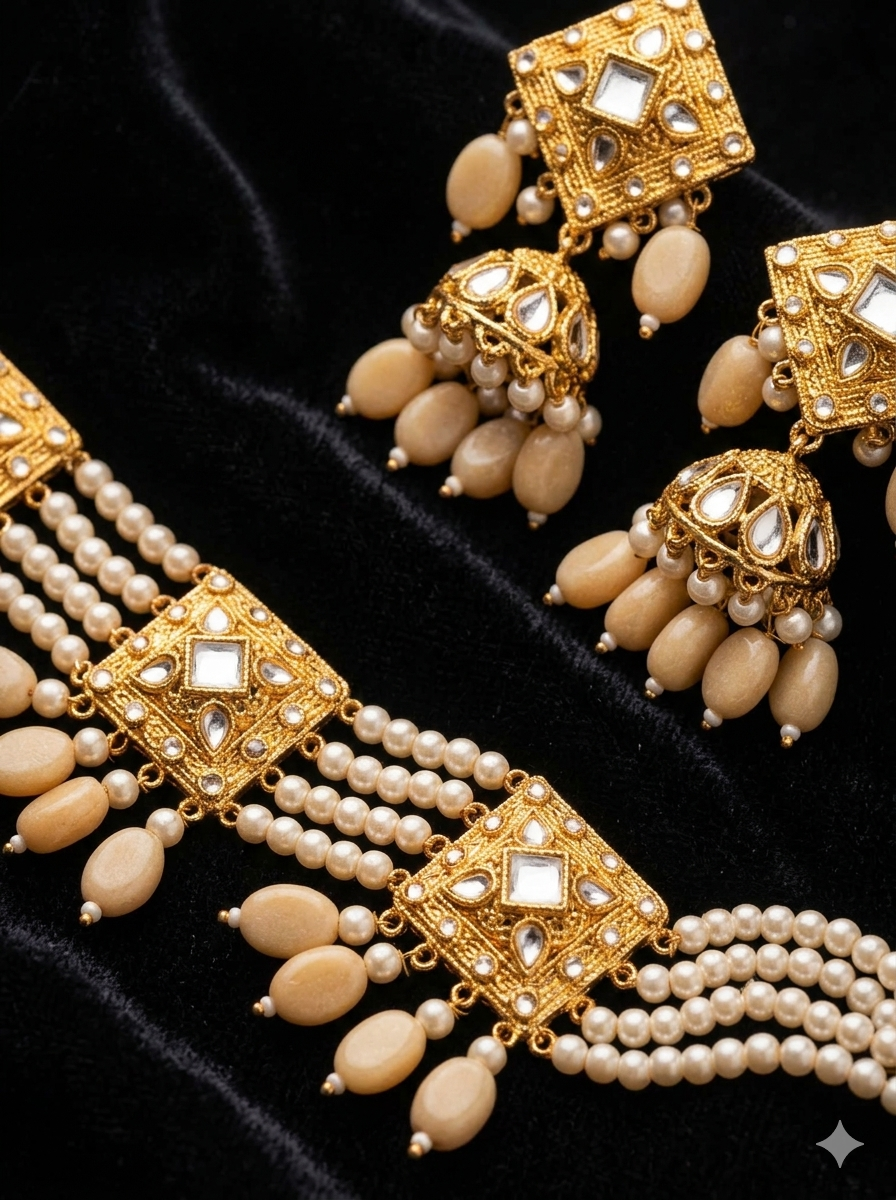 Kundan Pearl Bridal Jewellery Set – Necklace & Matching Earrings