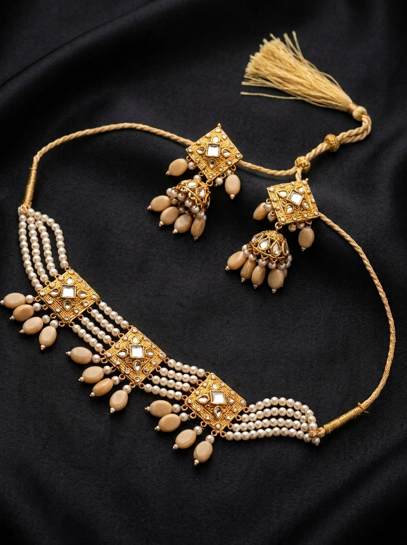 Kundan Pearl Bridal Jewellery Set – Necklace & Matching Earrings